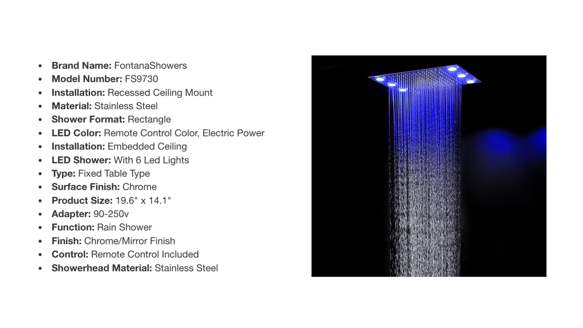 Fontana Atlanta Recessed Ceiling Mount Rainfall Remote Controlled LED Ceiling Showerhead